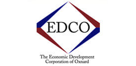 square logo featuring maroon and navy blue of the Economic Development Corporation of Oxnard