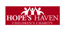 Red logo of three human figures high fiving - Hope's Haven Children's Charity